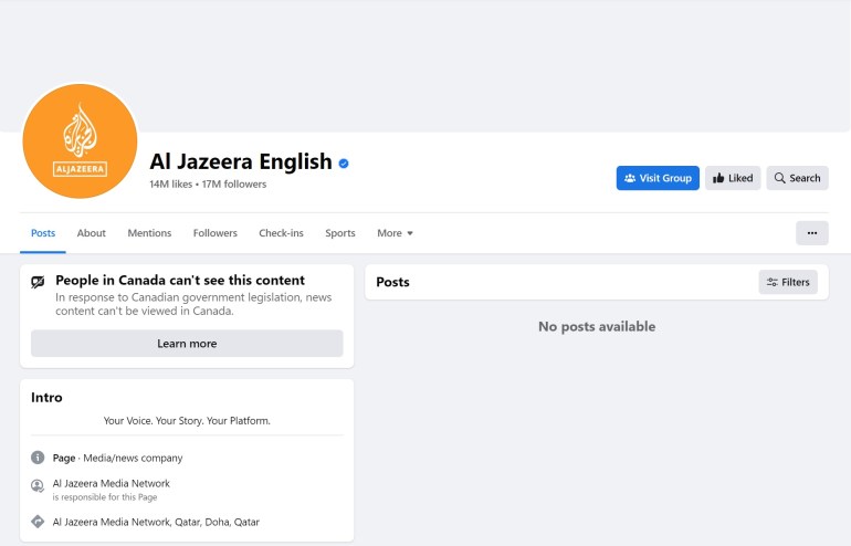 A view of the Al Jazeera English Facebook page, as viewed from Canada, due to Meta's ban on news access