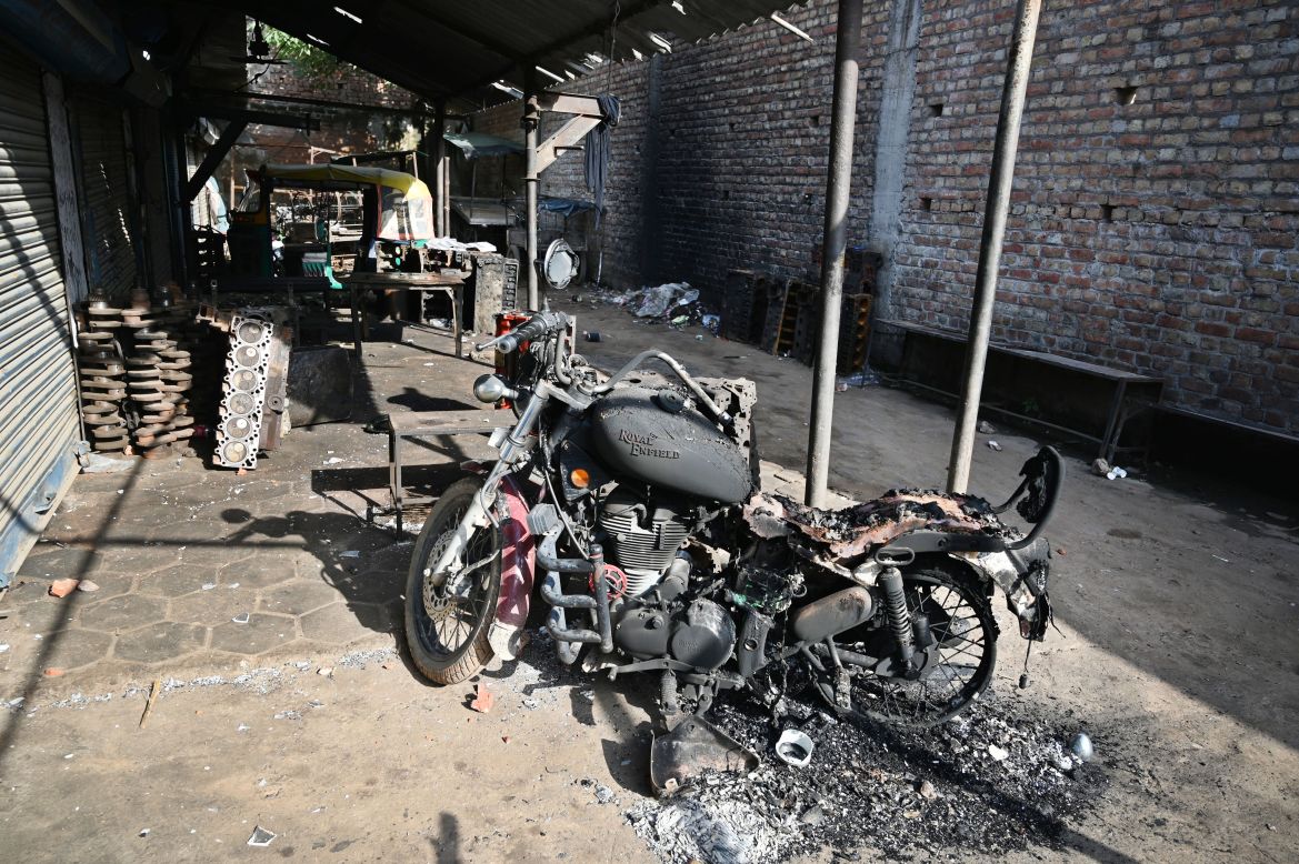 A view of damaged vehicle at Ambedkar chowk in Sohna, where a mob attacked on Monday