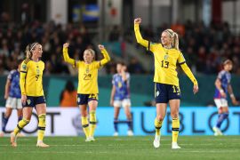 Amanda Ilestedt of Sweden scores her team's first goal