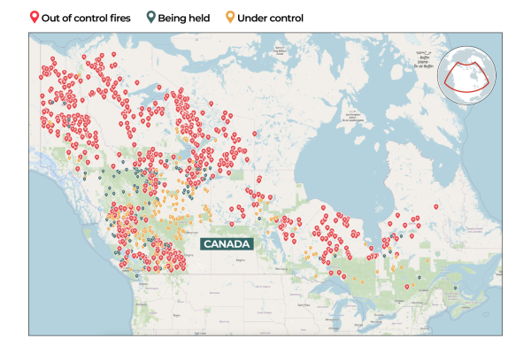 Картографиране на мащаба на рекордните горски пожари в Канада