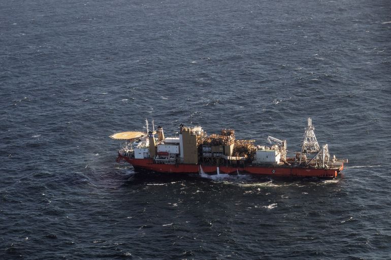 An aerial picture shows the Diamonds Sea Mining vessel MAFUTA from Debmarine, a joint venture between Diamonds Mining Giant De Beers and the Namibian Government on June 25, 2017 in waters outside Oranjemund.