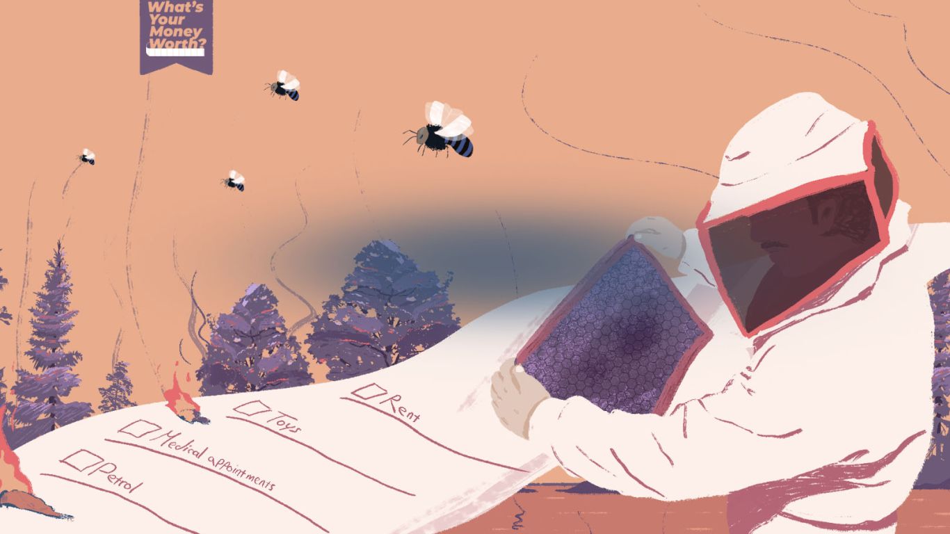 An illustration of a beekeeper looking at a hive with bees flying in the breeze and a long receipt next to him burning up.