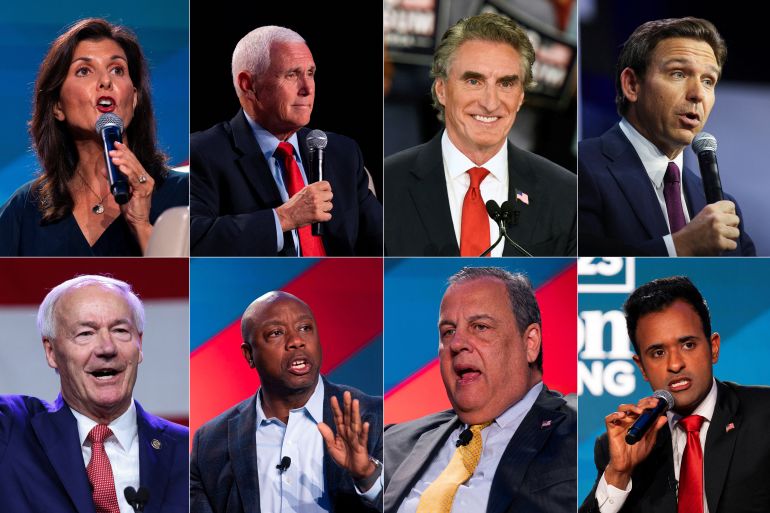 A collage of photos of the Republican candidates participating in the debate