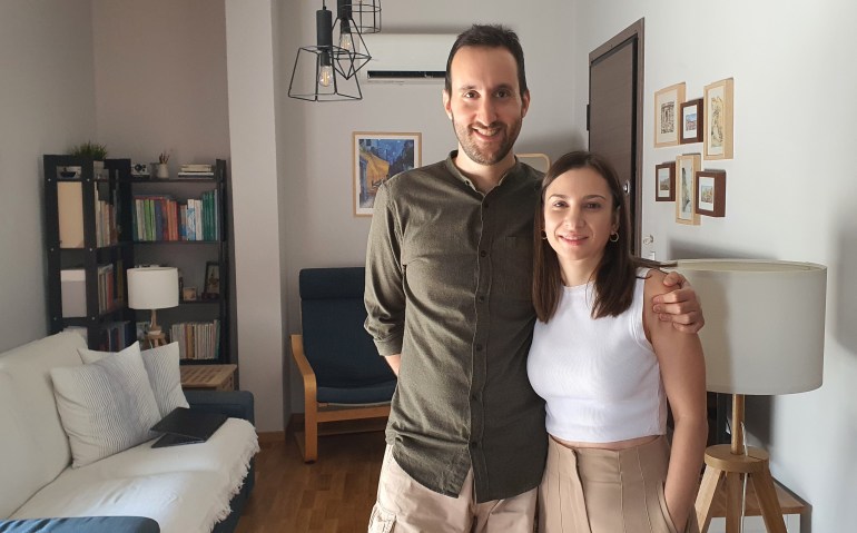 Computer scientist Nikos Larisis and teacher Eleftheria Tsiartsiani in their rented house in Athens