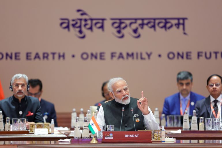 O primeiro-ministro indiano, Narendra Modi, discursando na Cúpula do G20