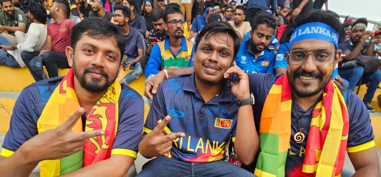 Sri Lankan cricket fans (left to right) Ruchira Mahadev, Pathum Chathura, Ishan Madusanka