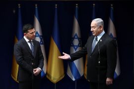 sraeli Prime Minister Benjamin Netanyahu speaks with Ukrainian President Volodymyr Zelenskiy during their meeting in Jerusalem