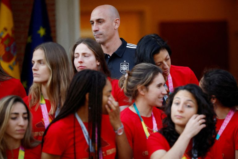 Soccer Football - FIFA Women's World Cup Australia and New Zealand 2023 - Spain's Prime Minister Pedro Sanchez receive the World Cup champions - Moncloa Palace, Madrid, Spain - August 22, 2023 President of the Royal Spanish Football Federation Luis Rubiales during the ceremony