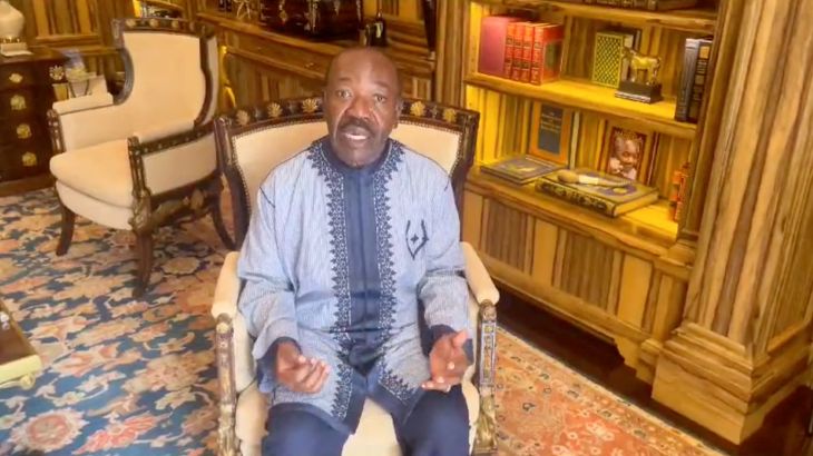 Gabon President Ali Bongo makes a statement through a video message, after the Gabon military had seized power, at an unknown location, in this screen grab taken from a social media video released on August 30, 2023. Video Obtained by REUTERS/via REUTERS THIS IMAGE HAS BEEN SUPPLIED BY A THIRD PARTY. NO RESALES. NO ARCHIVES.