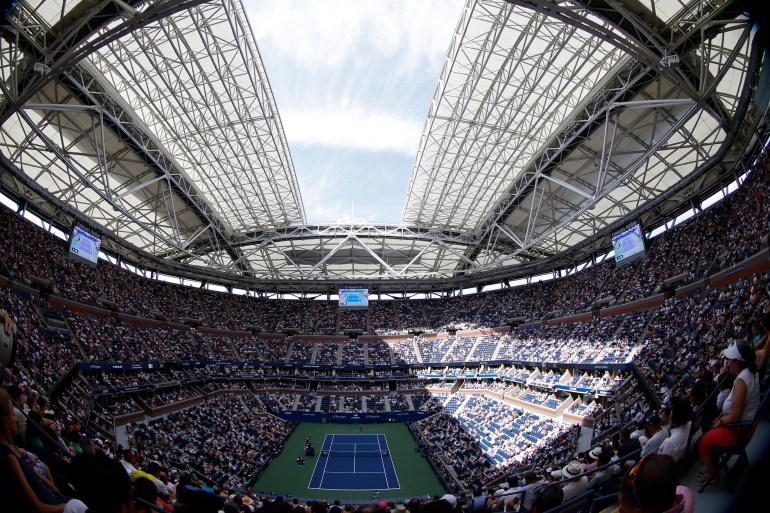 A view of the partially closed roof at Arthur Ashe Stadium, to compensate for hot conditions, during the match between Taylor Fritz of the United States 