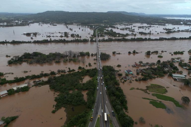 An aerial view shows damage and floods after a cyclone hit southern towns, in Venancio Aires, Rio Grande do Sul state, Brazil