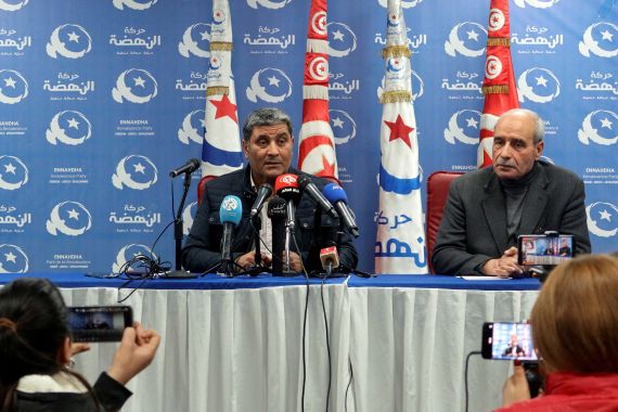 FILE PHOTO: Mondher Ounissi, vice president of Ennahda party, speaks during a news conference at the party headquarters in Tunis, Tunisia April 17, 2023. REUTERS/Jihed Abidellaoui/File Photo