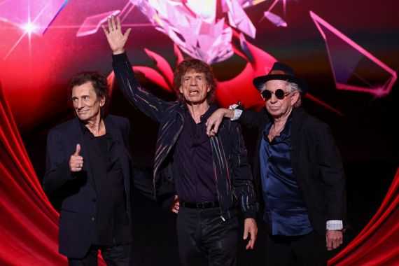 Rolling Stones band members Mick Jagger, Keith Richards and Ronnie Wood attend a launch event for their new album "Hackney Diamonds"