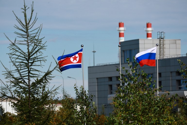 A view shows flags of Russia and North Korea ahead of the meeting of Russia's President Vladimir Putin and North Korea's leader Kim Jong Un at the Vostochny Сosmodrome in the far eastern Amur region, Russia, September 13, 2023. Sputnik/Vladimir Smirnov/Pool via REUTERS ATTENTION EDITORS - THIS IMAGE WAS PROVIDED BY A THIRD PARTY.