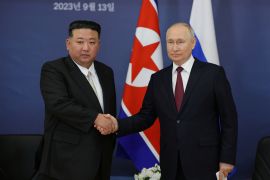 Russia&#039;s President Vladimir Putin shakes hands with North Korea&#039;s leader Kim Jong Un during a meeting at the Vostochny Сosmodrome in the far eastern Amur region, Russia [File: Smirnov/Reuters]