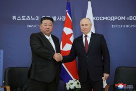Russia's President Vladimir Putin and North Korea's leader Kim Jong Un attend a meeting at the Vostochny ?osmodrome in the far eastern Amur region, Russia, September 13, 2023 in this image released by North Korea's Korean Central News Agency. KCNA via REUTERS ATTENTION EDITORS - THIS IMAGE WAS PROVIDED BY A THIRD PARTY. REUTERS IS UNABLE TO INDEPENDENTLY VERIFY THIS IMAGE. NO THIRD PARTY SALES. SOUTH KOREA OUT. NO COMMERCIAL OR EDITORIAL SALES IN SOUTH KOREA.