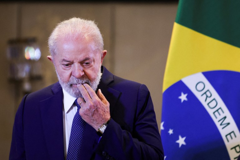 FILE PHOTO: Brazil's President Luiz Inacio Lula da Silva looks on during the day of a press conference at a hotel after the G20 Summit, in New Delhi, India, September 11, 2023. 