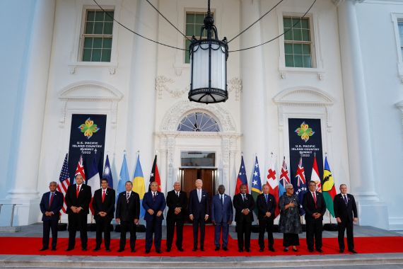 US President Joe Biden poses with leaders from the Pacific Islands at the White House in Washington, US. on September 29, 2022.