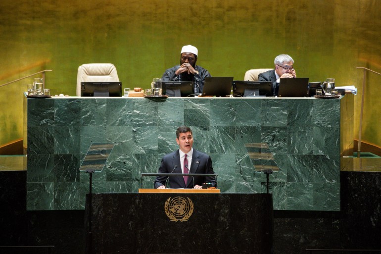 Paraguay's president Santiago Pena addresses the 78th Session of the U.N. General Assembly in New York City, U.S., September 19, 2023. 