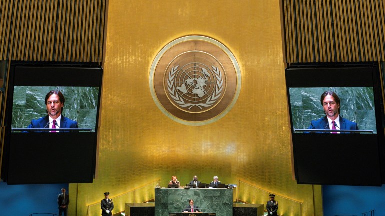 Uruguay's President Luis Lacalle Pou addresses the 78th Session of the U.N. General Assembly in New York City, U.S., September 19, 2023. 