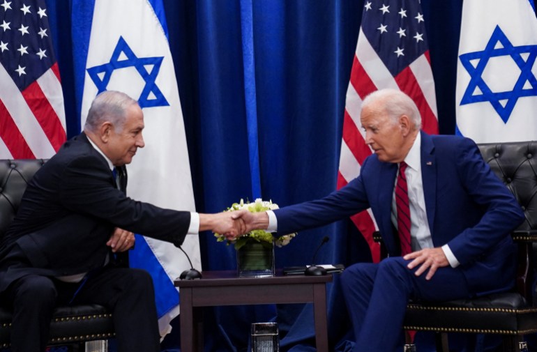 De Amerikaanse president Joe Biden houdt een bilaterale ontmoeting met de Israëlische premier Benjamin Netanyahu aan de zijlijn van de 78e Algemene Vergadering van de VN in New York City