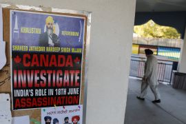 A sign asking for an investigation into India&#39;s role in the killing of Sikh activist Hardeep Singh Nijjar is seen at the Guru Nanak Sikh Gurdwara temple, in Surrey, British Columbia, Canada, September 20, 2023 [Chris Helgren/Reuters]