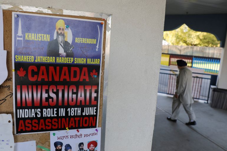 A sign asking for an investigation on India's role in the killing of Sikh leader Hardeep Singh Nijjar is seen at the Guru Nanak Sikh Gurdwara temple, in Surrey, British Columbia, Canada September 20, 2023. REUTERS/Chris Helgren