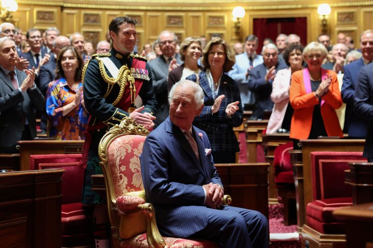 French Senators and members of the National Assembly greet Britain's King Charles at the French Senate in Paris
