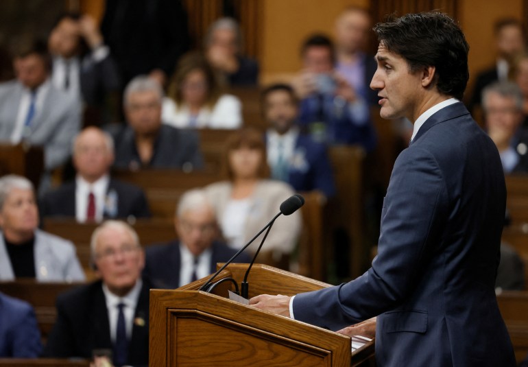 Canadian Prime Minister Justin Trudeau speaks ahead of the speech of Ukraine's President Volodymyr Zelenskiy at the House of Commons on Parliament Hill in Ottawa, Ontario, Canada September 22, 2023.