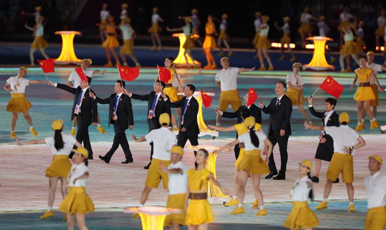 Asian Games - Hangzhou 2022 - Opening Ceremony - Hangzhou Olympic Sports Center Stadium, Hangzhou, China - September 23, 2023 Members of the Chinese contingent during the Opening Ceremony 