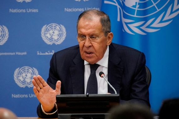 Russia's Foreign Minister Sergei Lavrov attends a press conference after addressing the 78th Session of the UN General Assembly in New York City