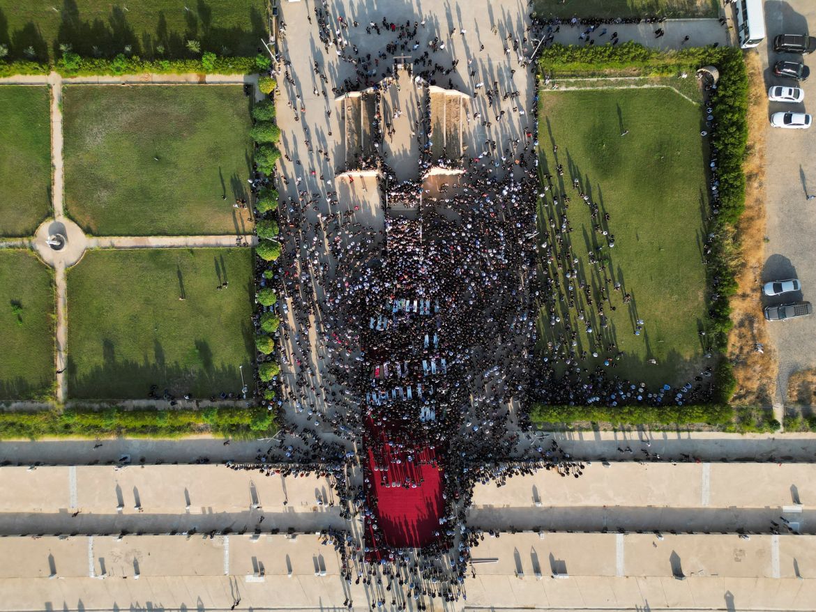 Drone shot of funeral gathering