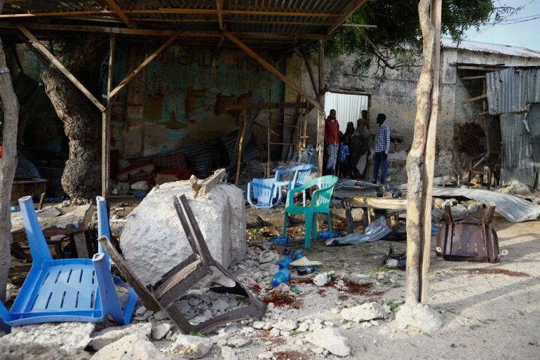 A scene of an explosion claimed by a suspected member of al Qaeda-linked al Shabaab, at a shop selling tea near a security checkpoint on a road leading to the parliament and the president's office in Mogadishu, Somalia.