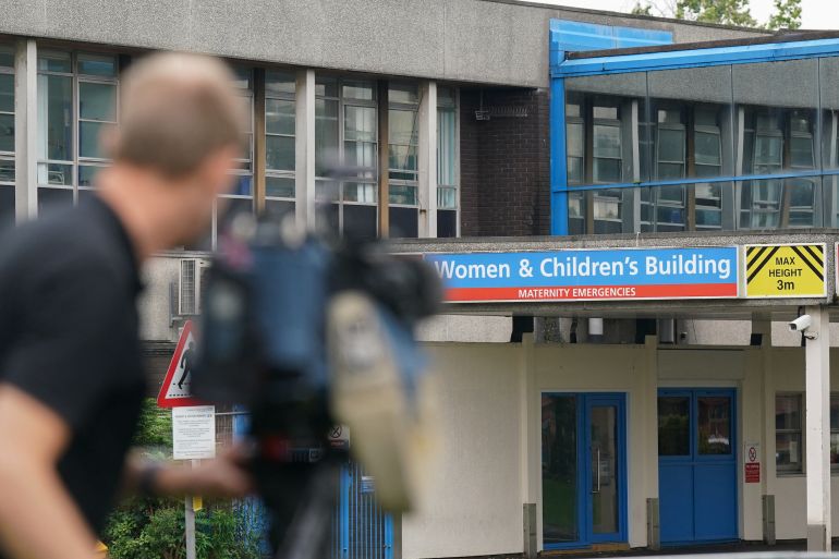 Media gather outside of Countess of Chester Hospital, as they wait for Medical Director, Nigel Scawn, to deliver a statement to the media, in Chester, northwest England on August 18, 2023, following the guilty verdict of nurse Lucy Letby, 33, for the murders of seven babies.