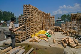 A worker stacks Kashmiri raw willow wood planks at a factory in Indian-administered Kashmir&#39;s Sangam village. [Tauseef Mustafa/AFP]