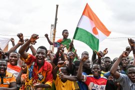 Supporters of Niger&#39;s National Council of Safeguard of the Homeland (CNSP) protest outside the Niger and French airbase in Niamey on September 2, 2023 to demand the departure of the French army from Niger [AFP]