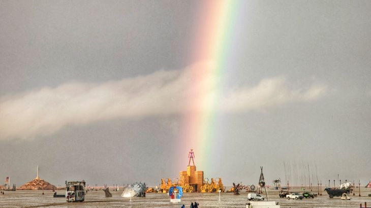 A rainbow over the water-logged Burning Man site in Nevada.