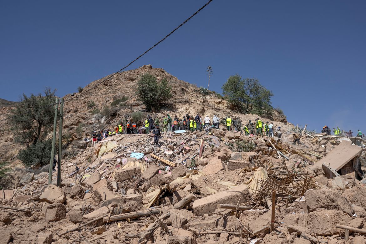 Emergency personnel work on opening a road in the mountainous area of Tizi N'Test, in the Taroudant province, one of the most devastated in quake-hit Morocco