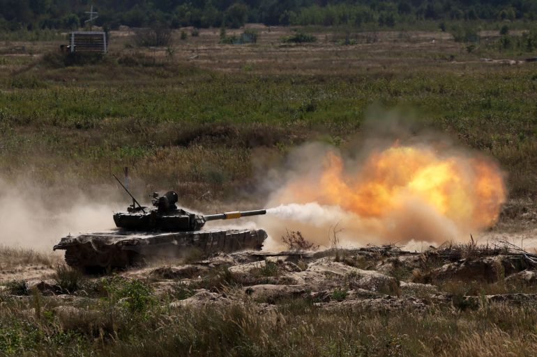 A Ukrainian tanks fires during a training excercise in the Chernigiv region on September 8, 2023, amid the Russian invasion of Ukraine.