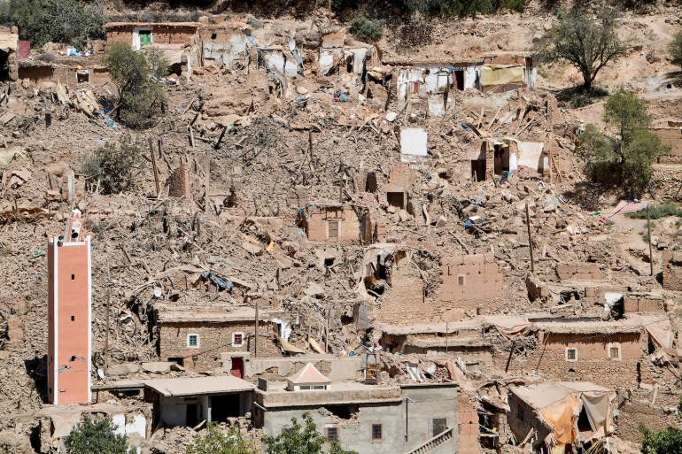 Une vue générale montre les dégâts et les destructions dans le village de Tiksit, au sud d'Adassil, le 10 septembre 2023, deux jours après qu'un séisme dévastateur de magnitude 6,8 a frappé le pays.