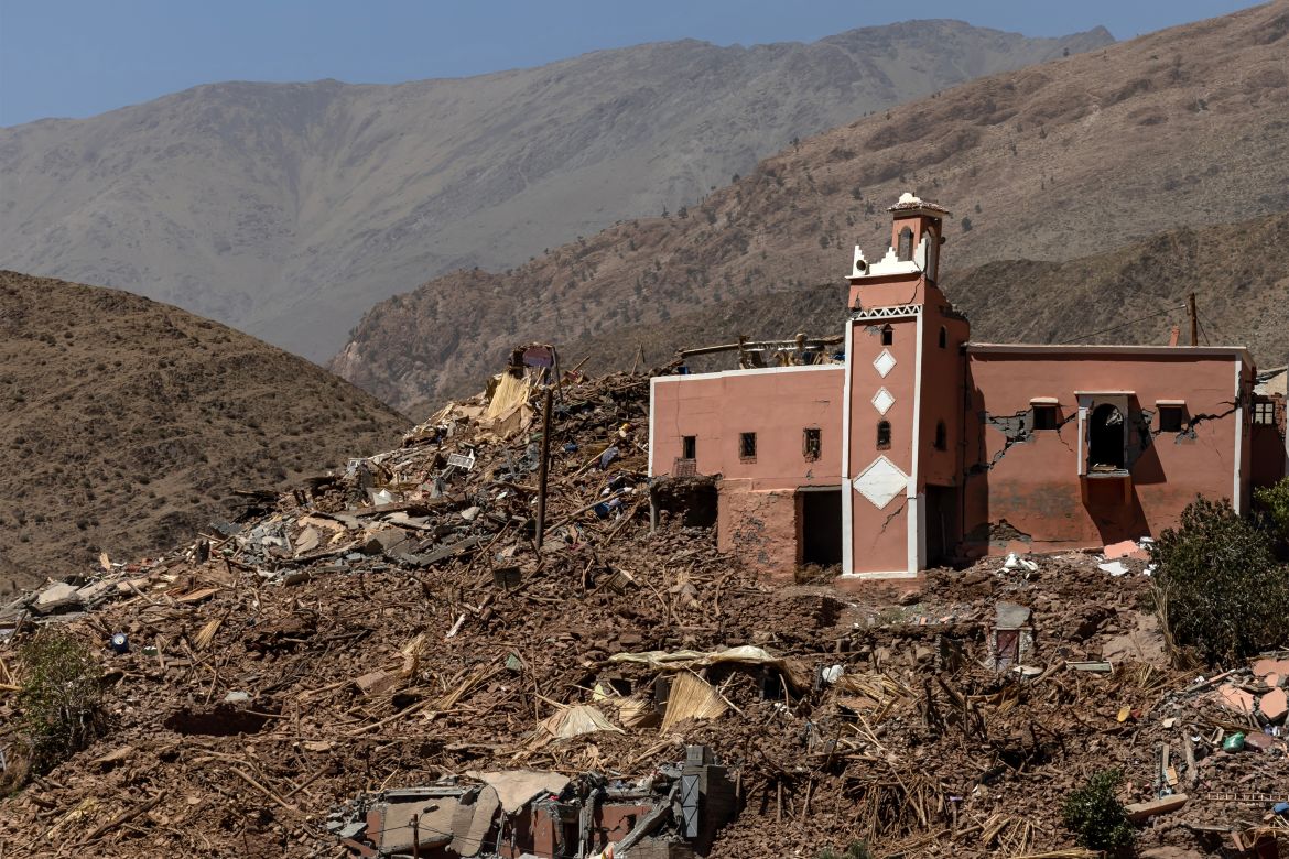 Rubble litters a hillside in the village of Amerzegan in the region of Ighli in earthquake-hit Morocco