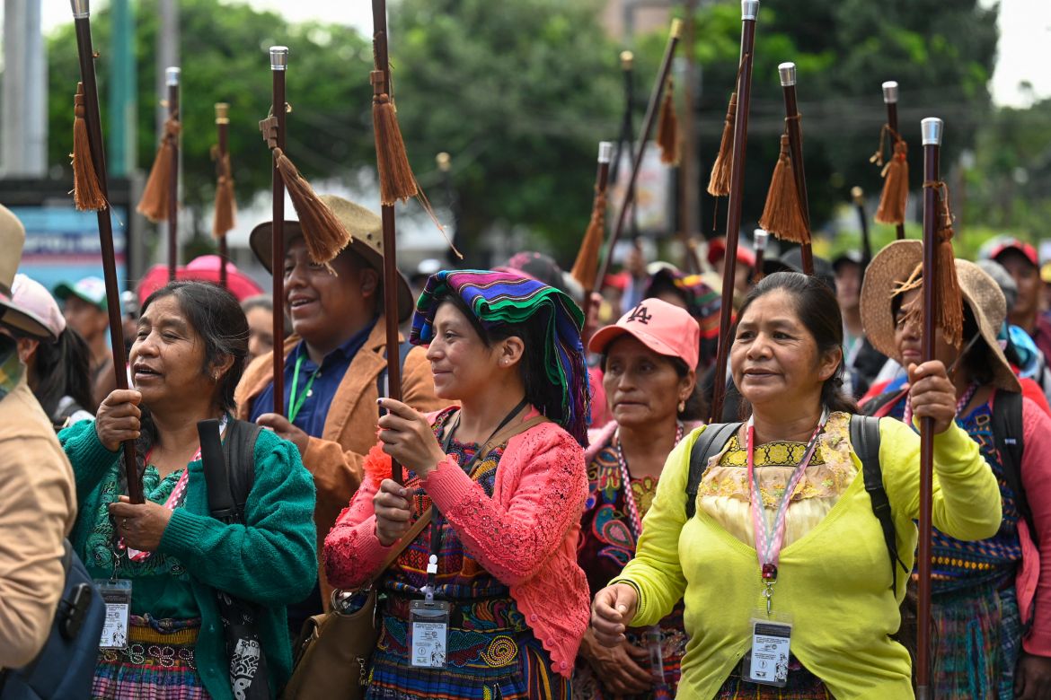 Indigenous people take part in a demonstration to demand the resignation of Attorney General Consuelo Porras and prosecutor Rafael Curruchiche, accused of generating an electoral crisis to affect Guatemalan President-elect Bernardo Arevalo and the Semilla party, in Guatemala City on September 18, 2023.