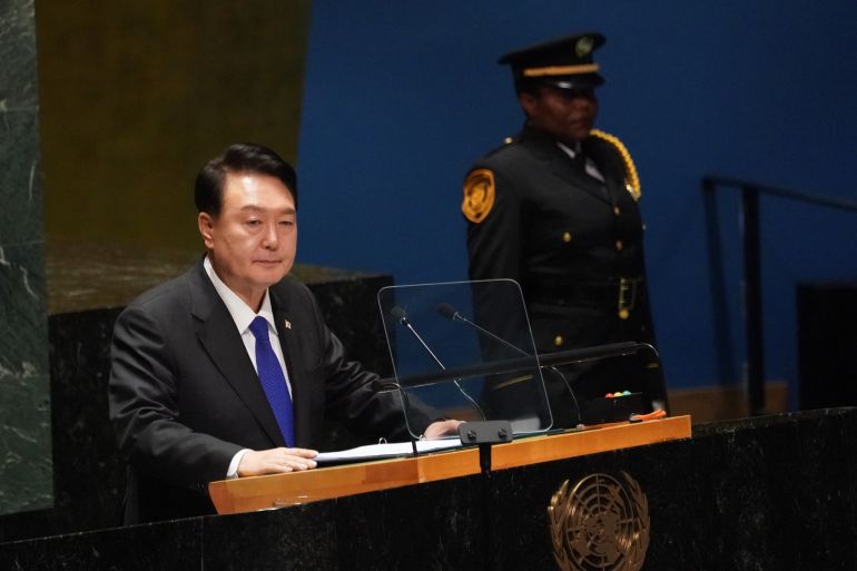 South Korean President Yoon Suk Yeol addresses the 78th United Nations General Assembly at UN headquarters in New York City on September 20, 2023. (Photo by Bryan R. Smith / AFP)