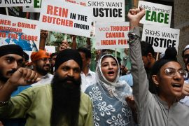 Members of Pakistan’s Sikh community take part in a protest in Peshawar on September 20, 2023, following the killing in Canada of Sikh leader Hardeep Singh Nijjar. – India on September 19 rejected the “absurd” allegation that its agents were behind the killing of a Sikh leader in Canada, after Prime Minister Justin Trudeau’s bombshell accusation sent already sour diplomatic relations to a new low. (Photo by Abdul MAJEED / AFP)