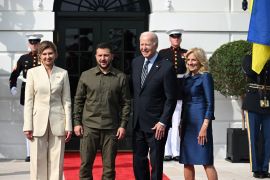 US President Joe Biden and First Lady Jill Biden welcome Ukrainian President Volodymyr Zelensky and First Lady Olena Zelenska at the South Portico of the White House in Washington [Saul Loeb/AFP]