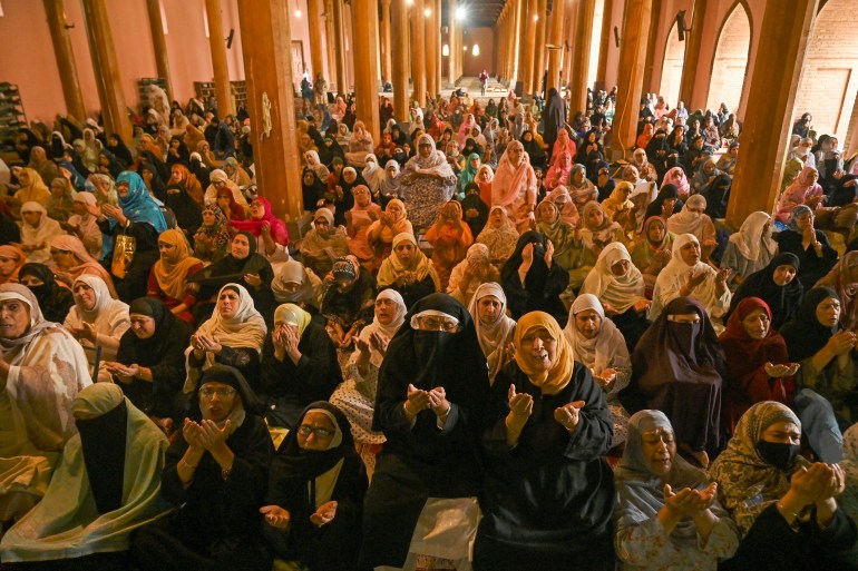 Kashmiri Muslim devotees pray at Jamia Masjid in downtown Srinagar