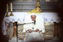 Pope Francis delivers his speech at the Basilica of Notre-Dame de la Garde in Marseille [Christophe Simon/AFP]