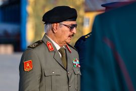 Libyan renegade general Khalifa Haftar during a reception ceremony upon arrival at a Moscow military airfield on September 26, 2023 [AFP]
