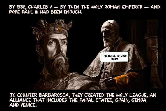 By 1538, Charles V — by then the Holy Roman Emperor — and Pope Paul III had seen enough. To counter Barbarossa, they created the Holy League, an alliance that included the Papal states, Spain, Genoa and Venice.