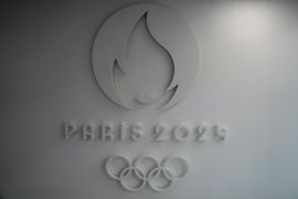 The logo of the Paris 2024 Organizing Committee, is pictured at the headquarters in Saint Denis, outside Paris.